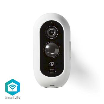 Nedis SmartLife Utomhus Kamera | Wi-Fi | Full HD 1080p | IP65 | Max. batteritid: 6 månader | microSD (ingår inte) / Molnlagring (tillval) | 5 V DC | Med rörelsesensor | Nattsikt | Apple Store / Google Play | Vit