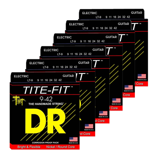 DR Strings LT-9 Tite-fit el-gitarrsträngar, 009-042, 6-pack