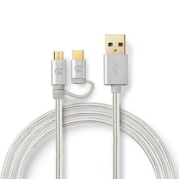 Nedis 2 i 1kabel | USB 2.0 | USB-A Hane | USB Micro-B Hane / USB-C- Hane | 480 Mbps | 1.00 m | Guldplaterad | Rund | Flätad | Aluminium | Kartong med täckt fönster