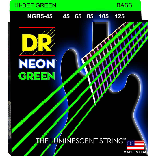 DR Strings NGB5-45 Hi-Def neon green 5-strängad bassträngar, 045-125