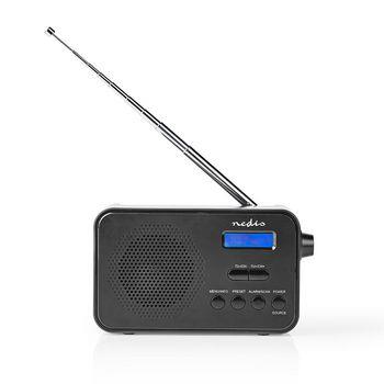 Nedis DAB+ Radio | Portabel design | DAB+ / FM | 1.3 " | Svart Blå Skärm | Batteridriven / USB ström | Digital | 3.6 W | Hörlursuttag | Väckarklocka | Sov timer | Svart