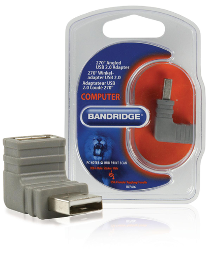 Bandridge USB 2.0 Adapter Vinklat 270° USB A hane - USB A hona Grå