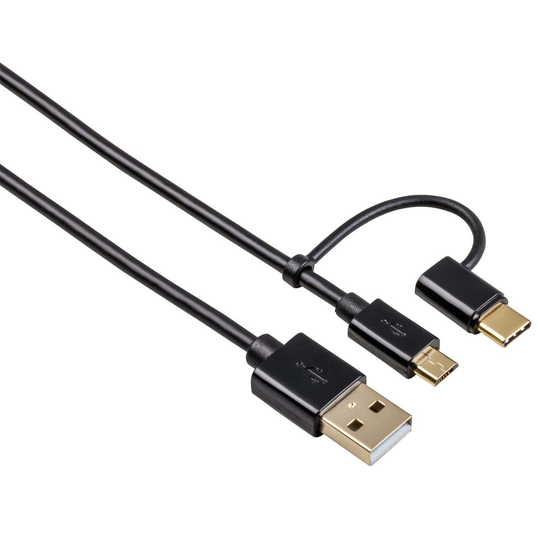 HAMA Synkkabel 2in1 MicroUSB inkl USB-C 1m Svart