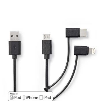 Nedis 3 i 1 kabel | USB 2.0 | USB-A Hane | Apple Lightning, 8-stifts / USB Micro-B Hane / USB-C- Hane | 480 Mbps | 1.00 m | Nickelplaterad | Rund | PVC | Svart | Plastpåse
