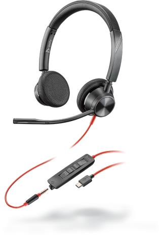 Poly BLACKWIRE 3325 On-the-head Stereo headset, Microsoft, with 3.5mm tele/USB-A connection